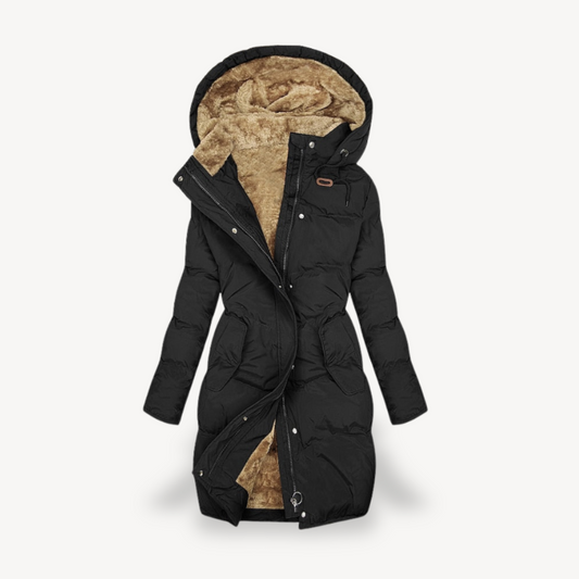 Women's Long Hooded Puffer Jacket in Black