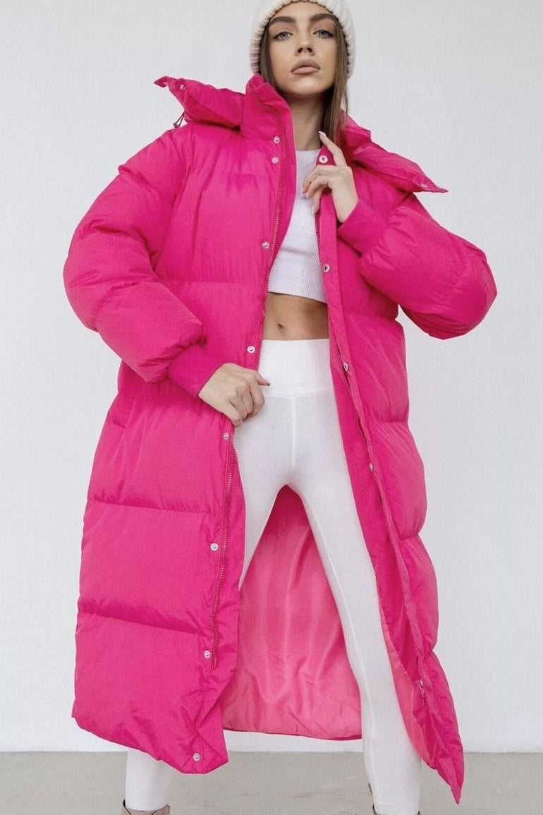 Women's Long Puffer Coat in Hot Pink