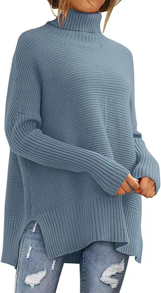 Women's Longline Turtleneck Sweater in Dusty Blue