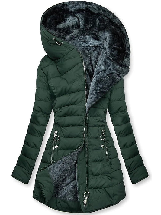 Women's Mid Length Puffer Winter Jacket in Dark Green