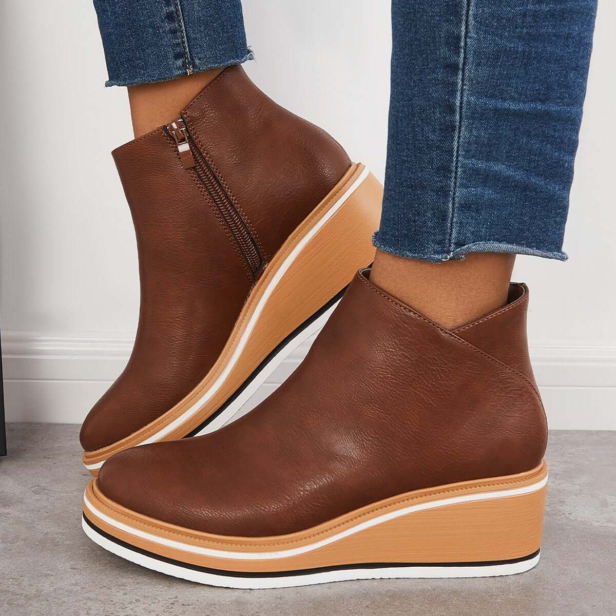 Women's Platform Wedge Ankle Boots in Cognac