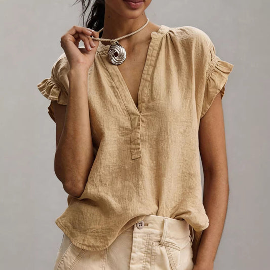 Women's Ruffle Sleeve V Neck Blouse in Tan