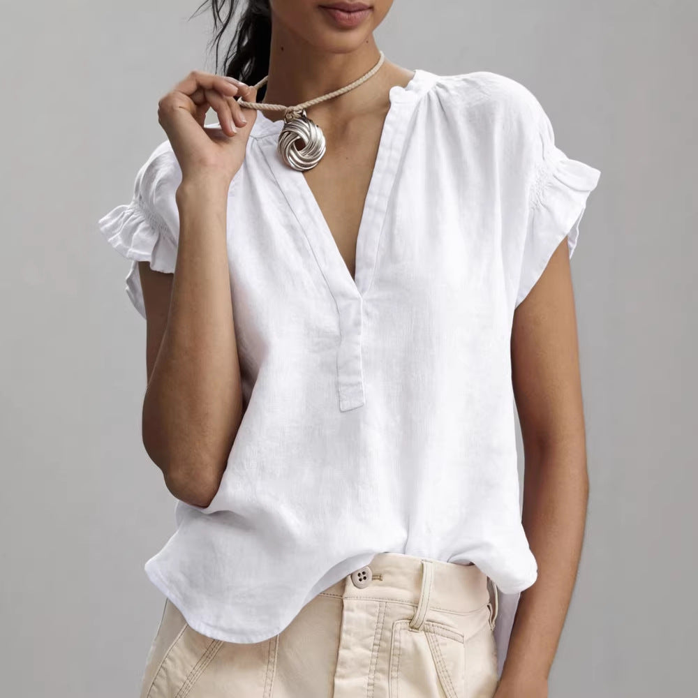 Women's Ruffle Sleeve V Neck Blouse in White