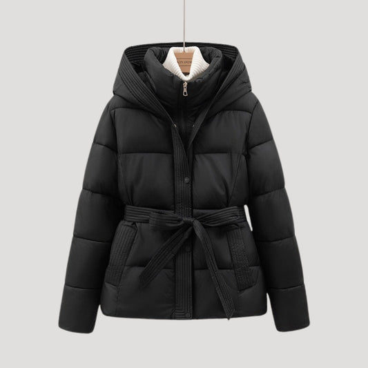 Women's Tie Belt Puffer Winter Jacket in Black