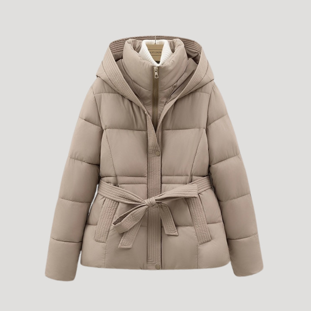 Women's Tie Belt Puffer Winter Jacket in Taupe