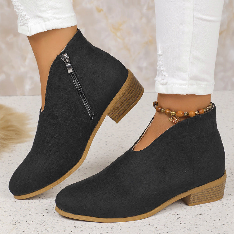 Women's V Cut Low Heel Ankle Boots in Black