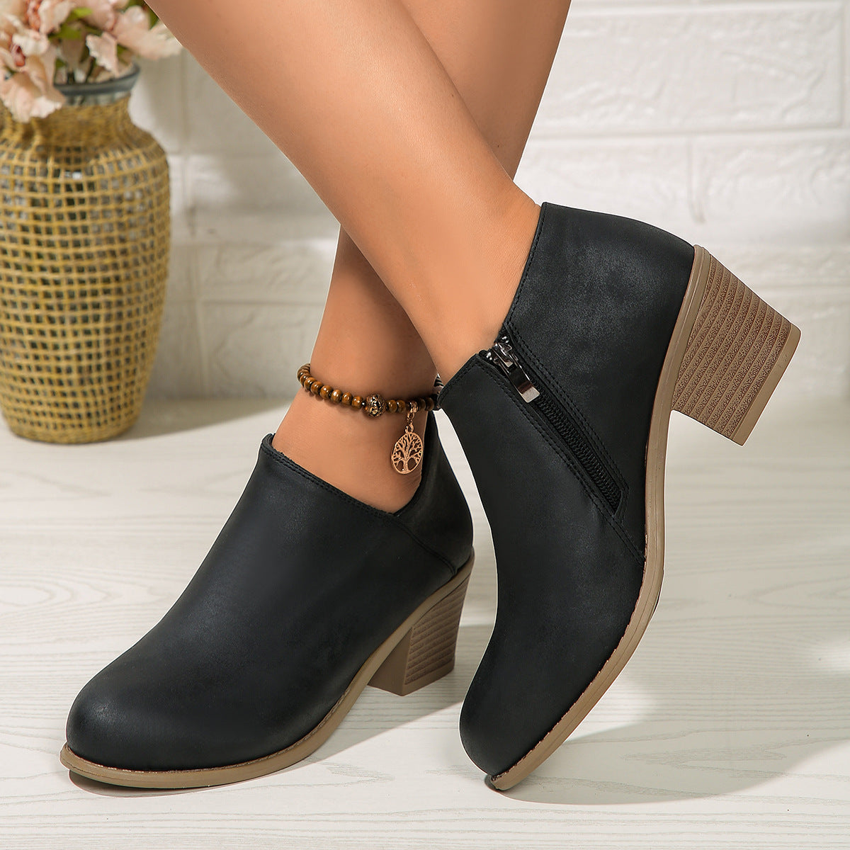 Women's V Cut Stacked Heel Ankle Boots in Black