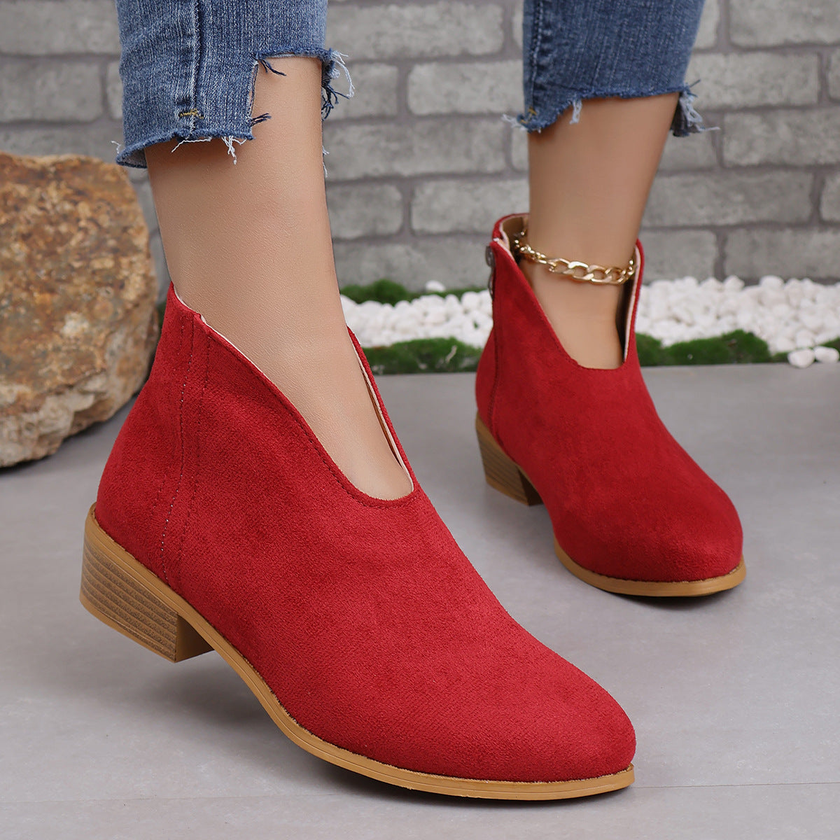 Women's Wooden Heel Ankle Boots in Red