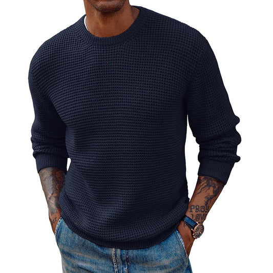 Navy textured knit sweater for men.