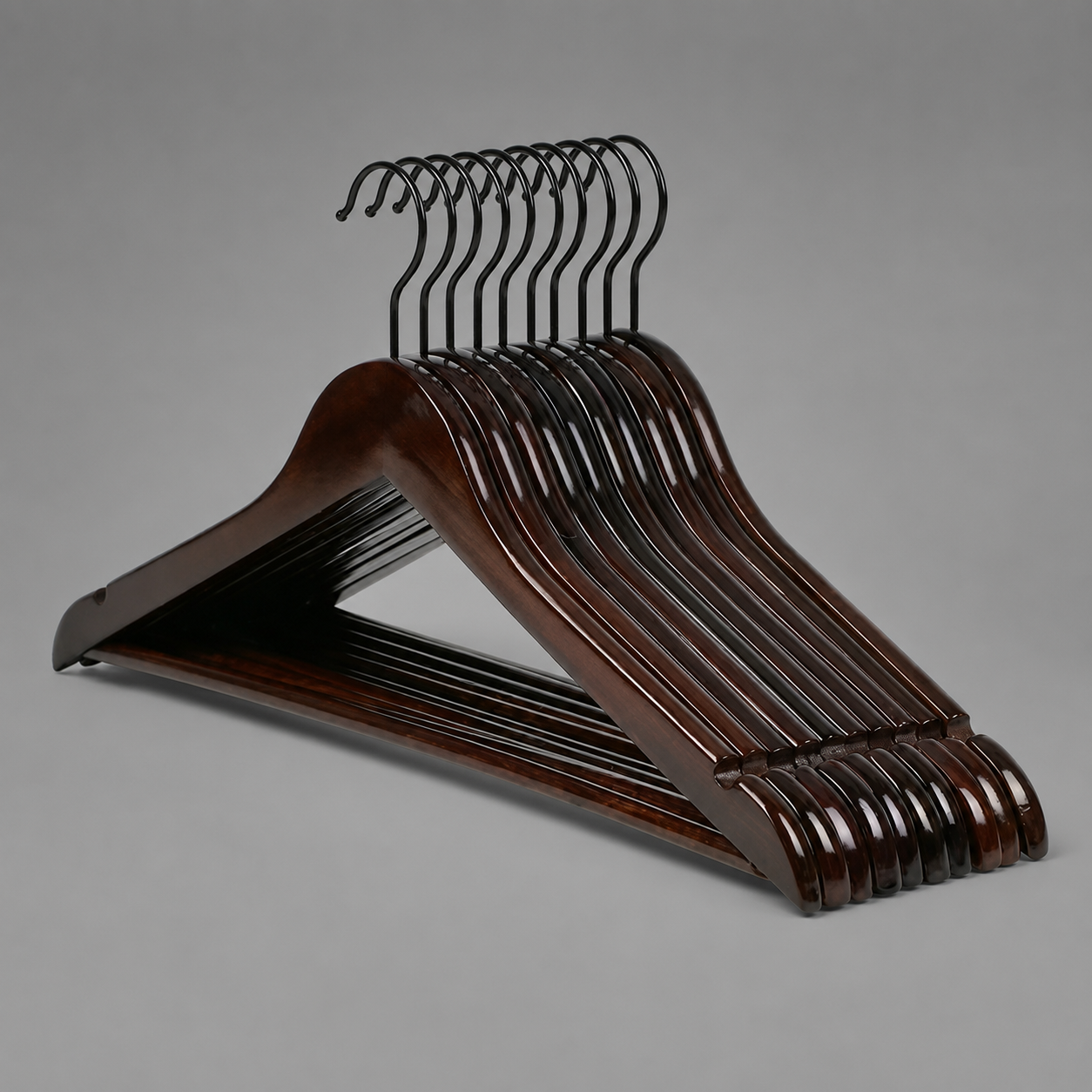 Velorin | Dark Wooden Hanger Set with Gray Metal Hooks (Set of 7)