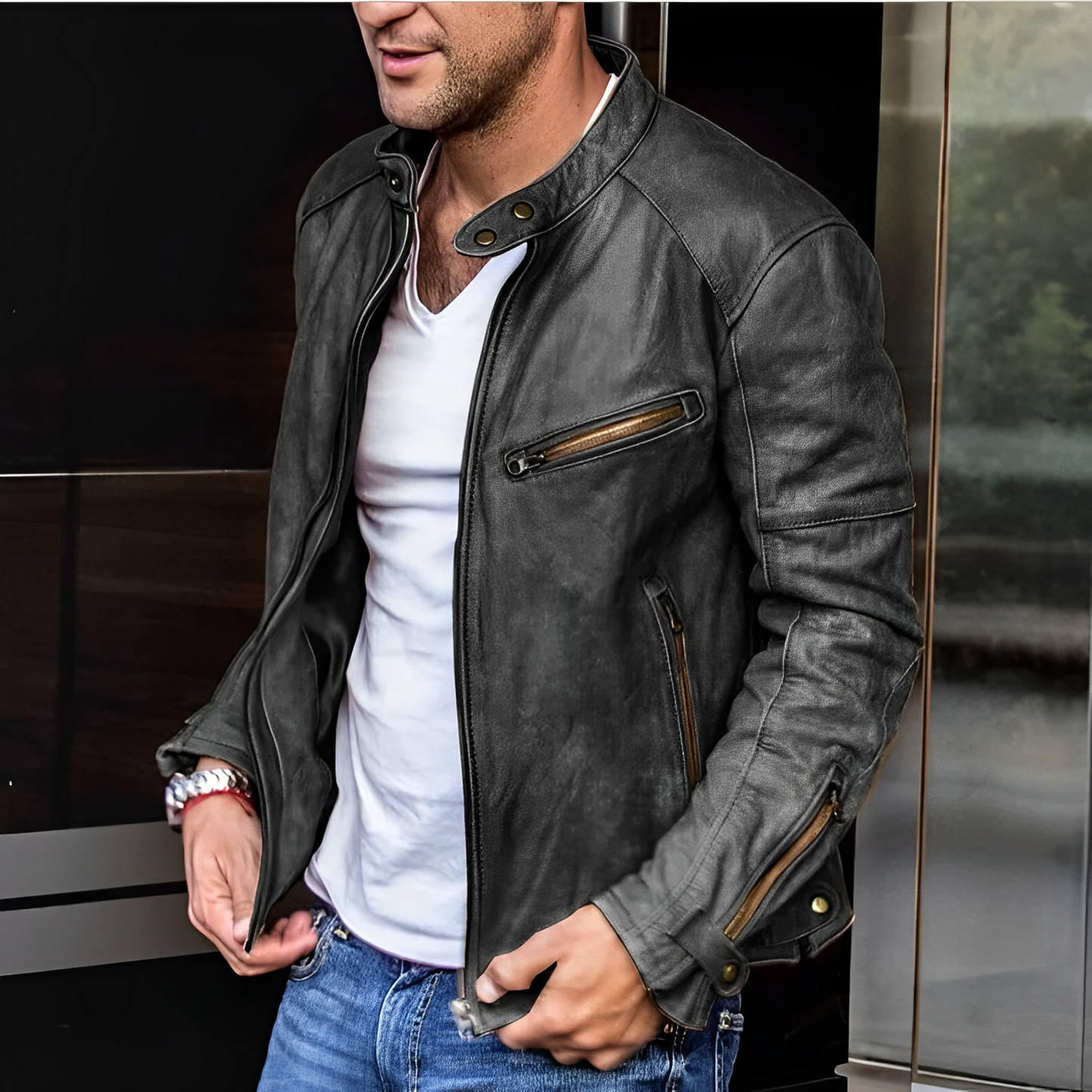 Man wearing a brown faux leather jacket