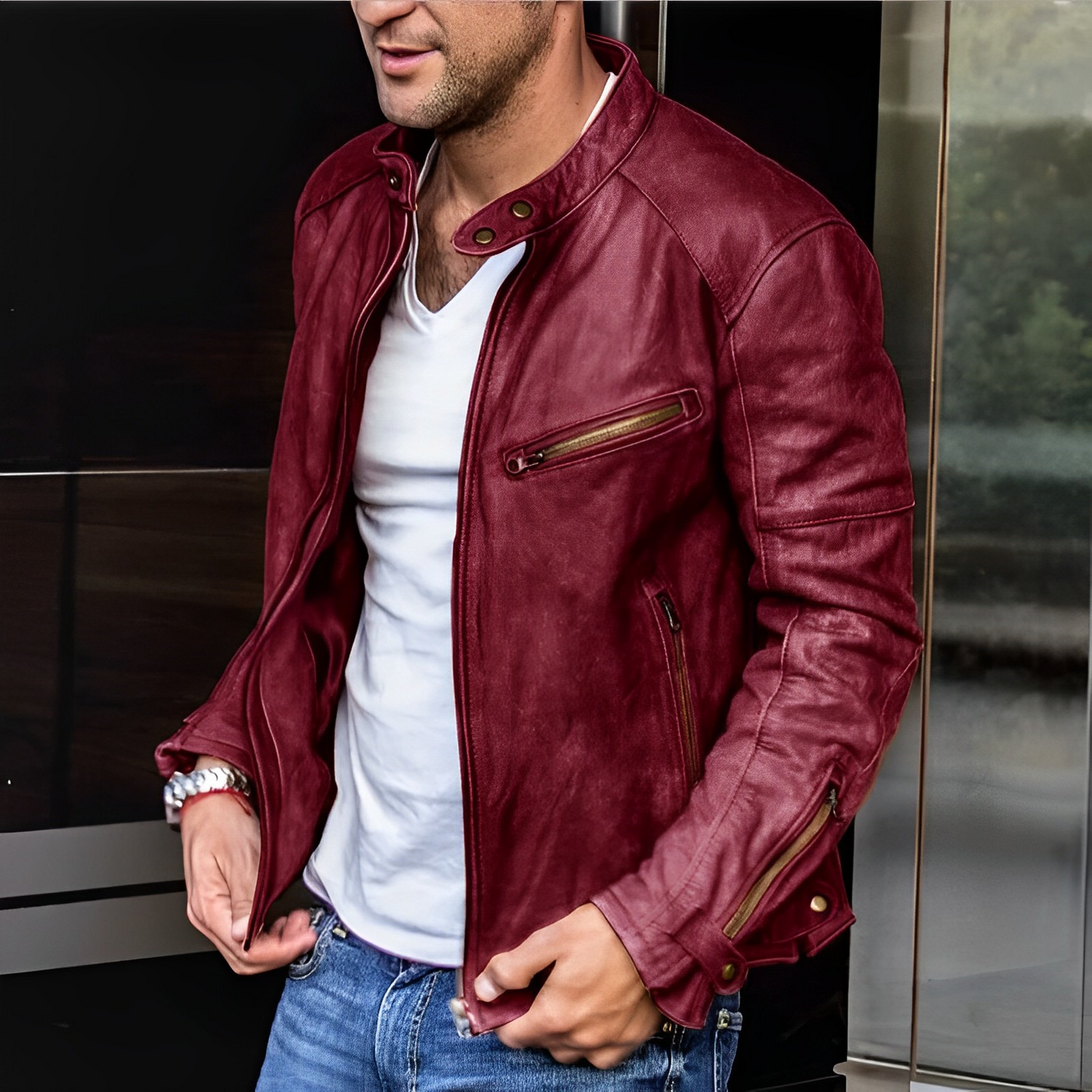 Man wearing a brown faux leather jacket
