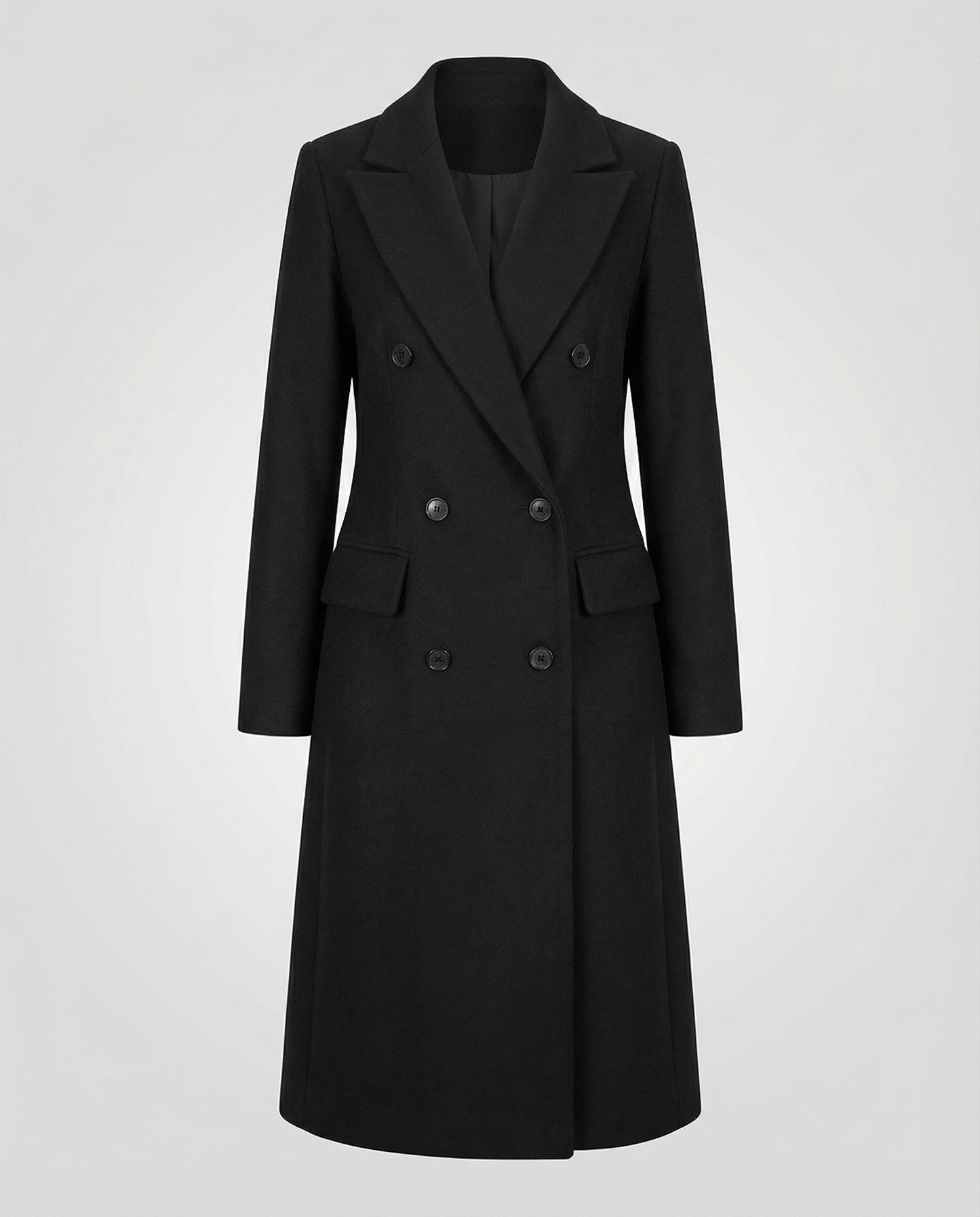 Black warm winter trench coat for women.