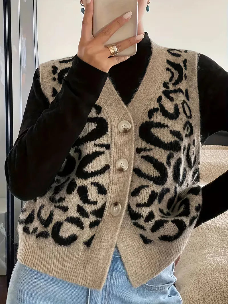 Women's leopard print knit V neck button front sweater vest