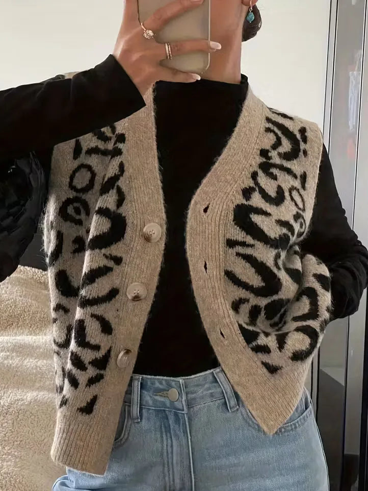 Women's leopard print knit V neck button front sweater vest