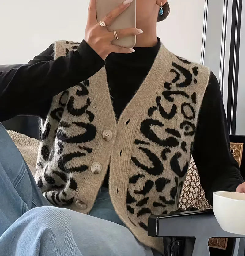 Women's leopard print knit V neck button front sweater vest