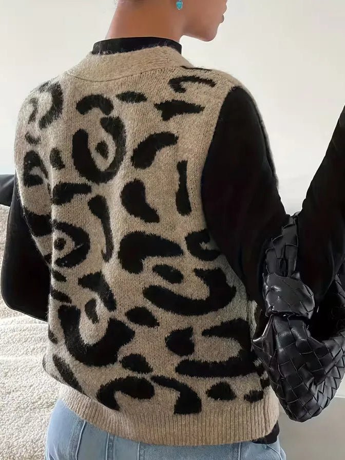 Women's leopard print knit V neck button front sweater vest