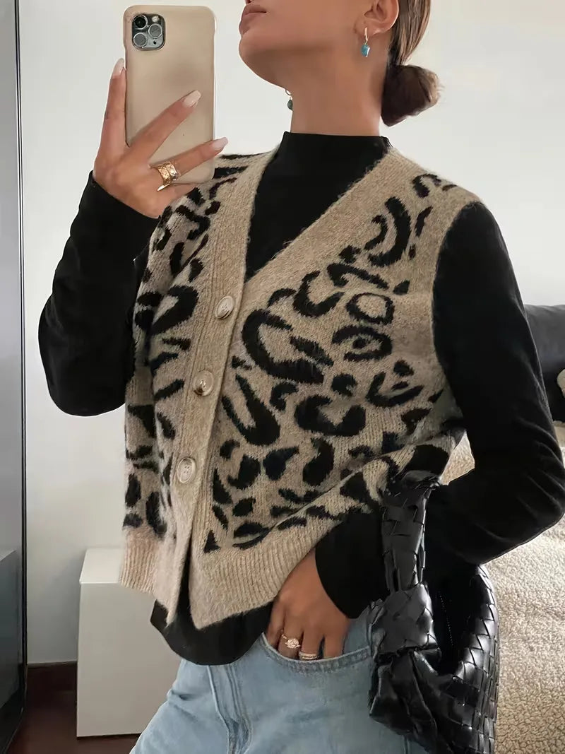 Women's leopard print knit V neck button front sweater vest
