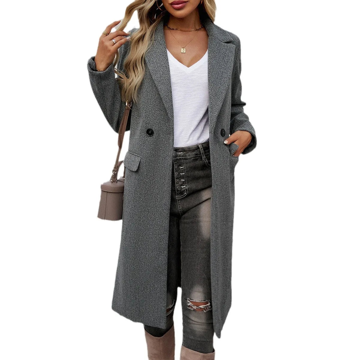 Gray long notch collar trench coat for women.