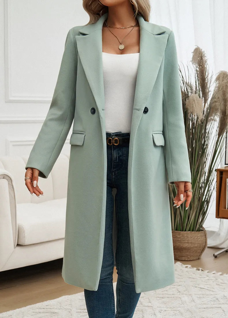 Sage Green long notch collar trench coat for women.