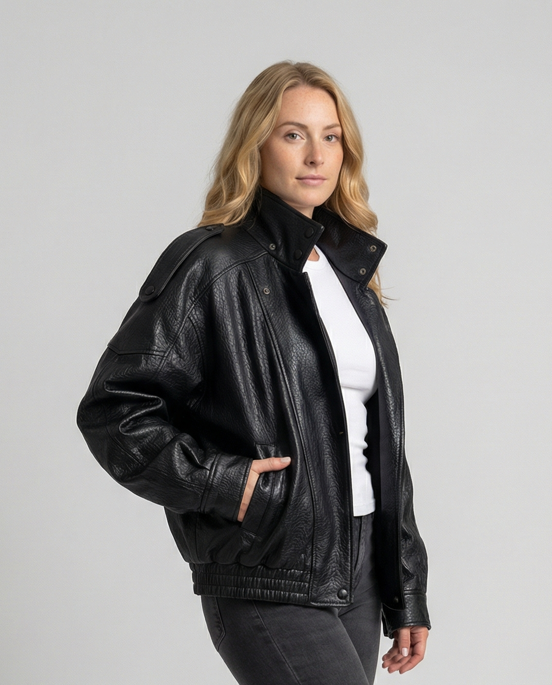 Woman wearing an asymmetric faux leather biker jacket