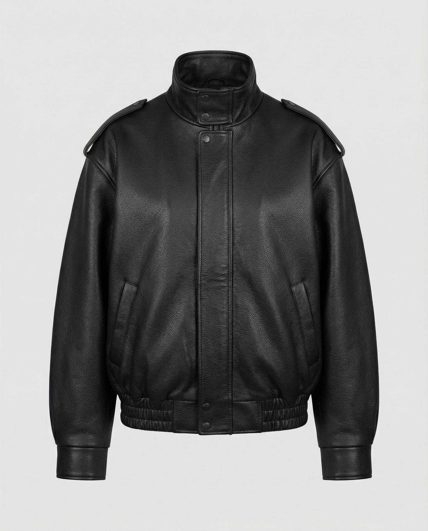 Woman wearing an asymmetric faux leather biker jacket