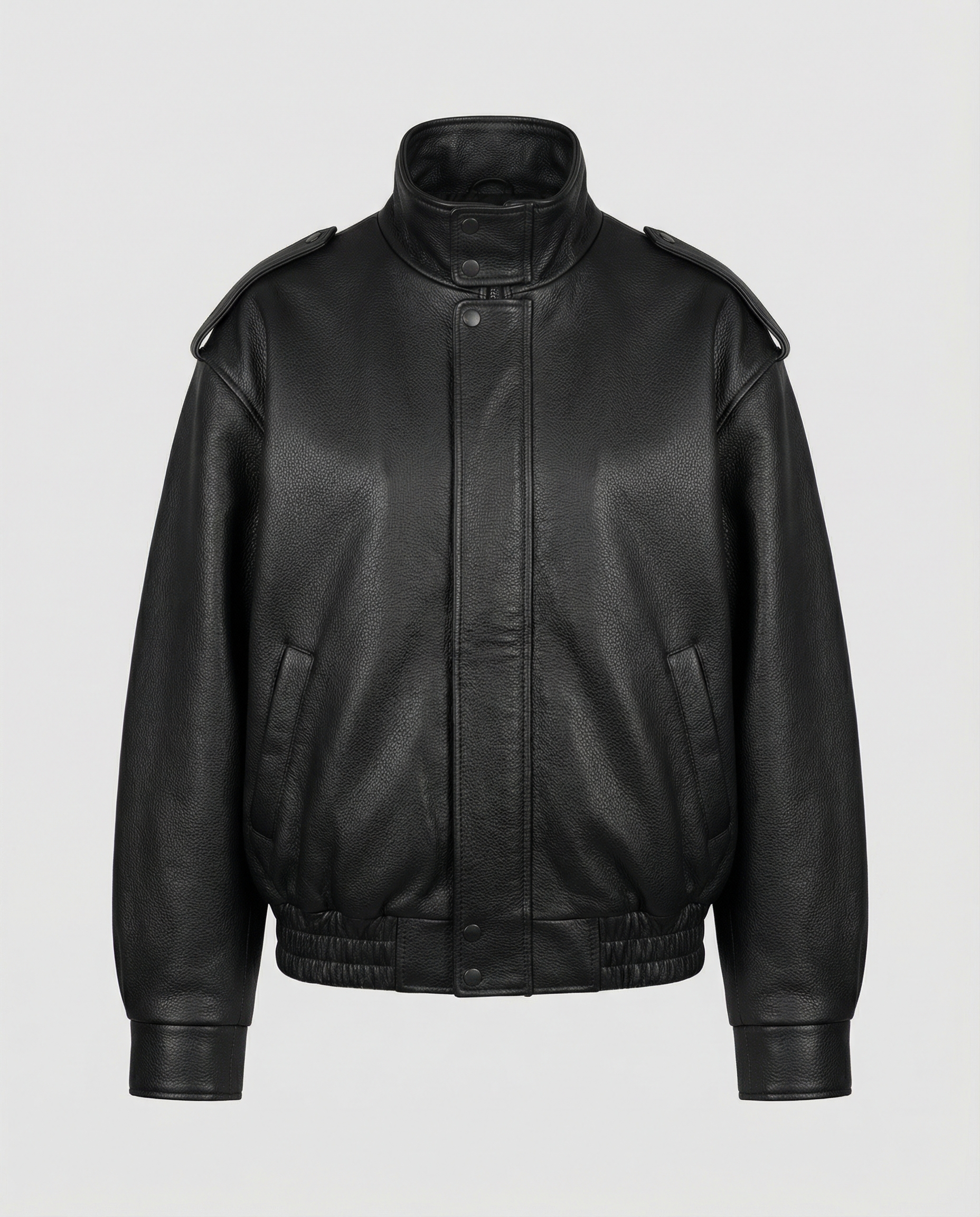 Woman wearing an asymmetric faux leather biker jacket