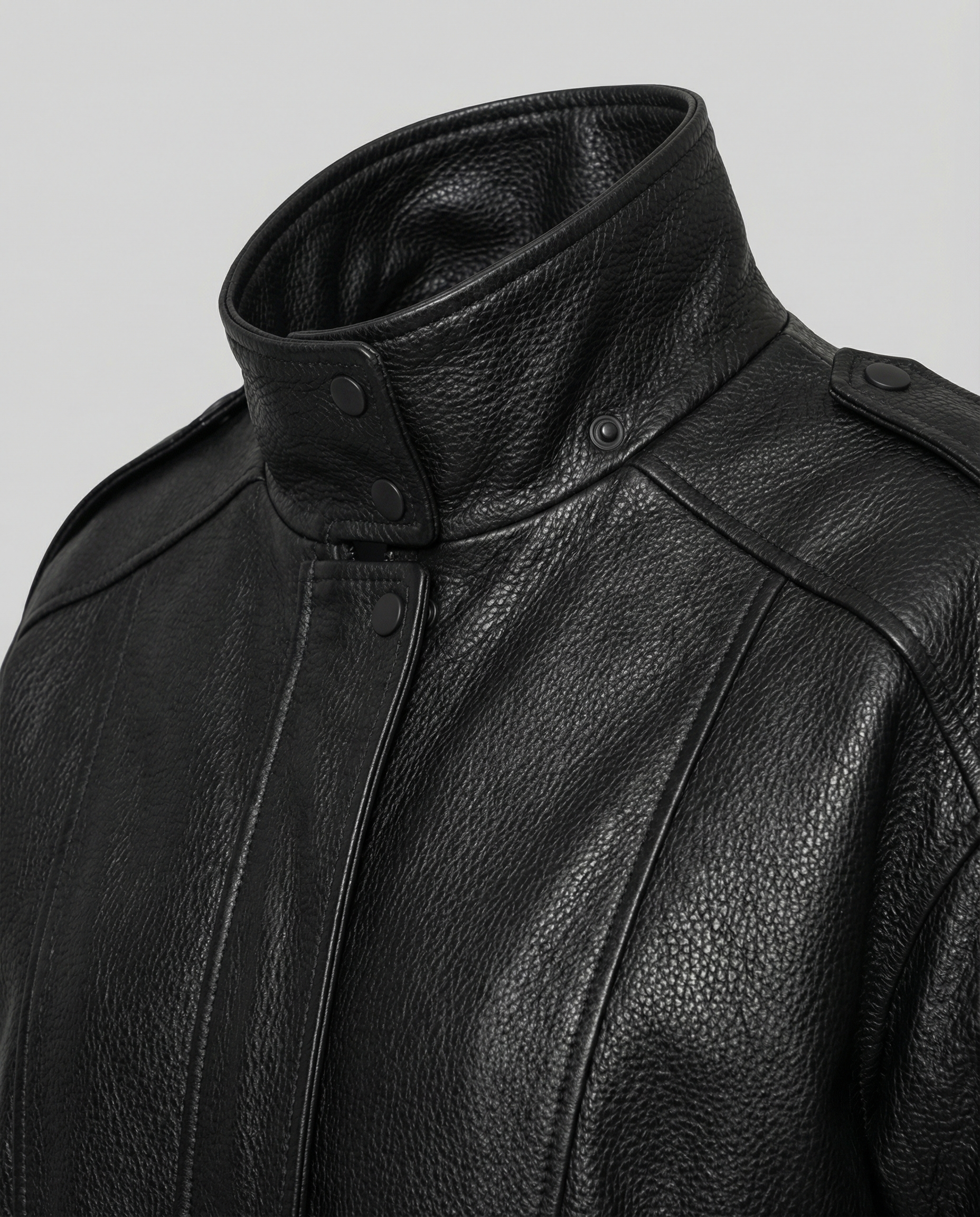 Woman wearing an asymmetric faux leather biker jacket