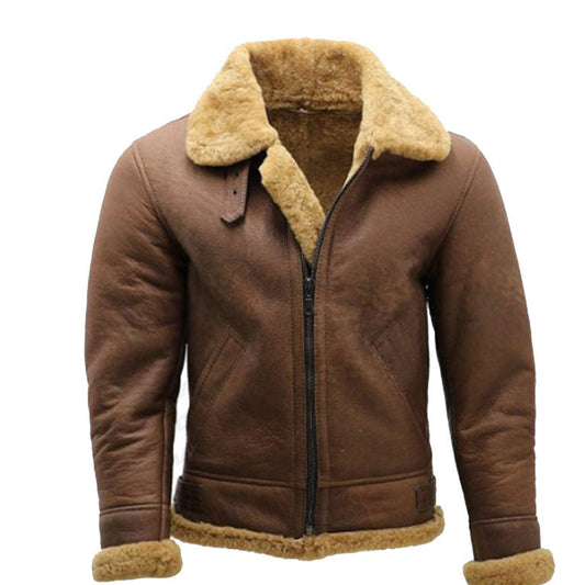 Man wearing a brown faux fur flight jacket