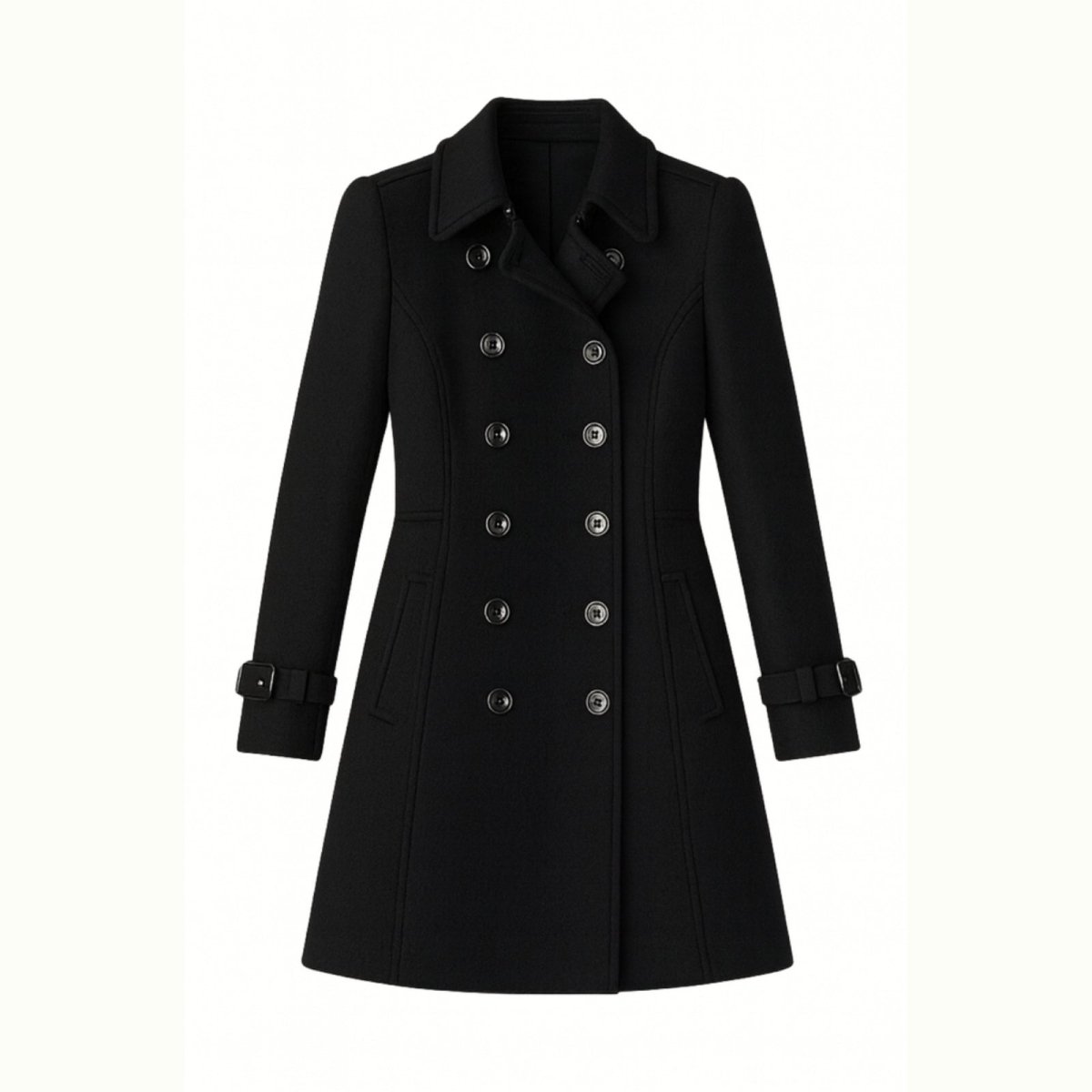Woman wearing a tailored double-breasted wool coat with notched lapel