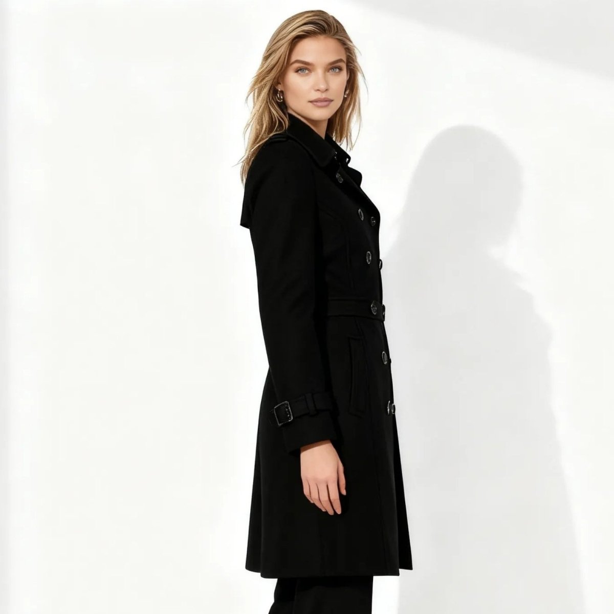 Woman wearing a tailored double-breasted wool coat with notched lapel