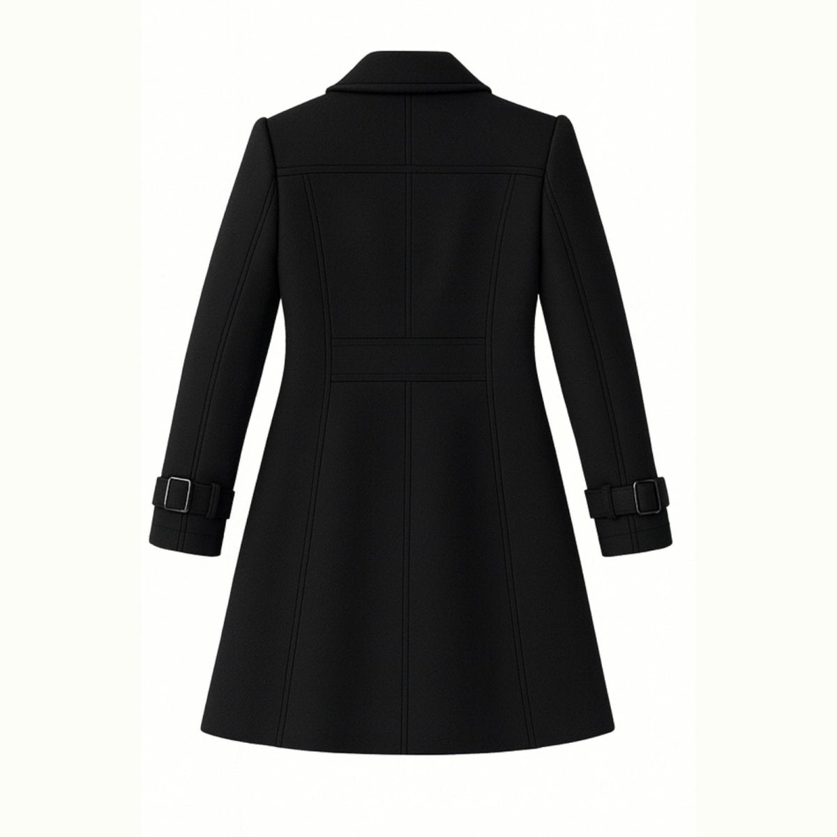 Woman wearing a tailored double-breasted wool coat with notched lapel