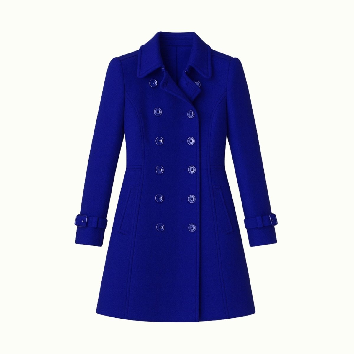 Woman wearing a tailored double-breasted wool coat with notched lapel