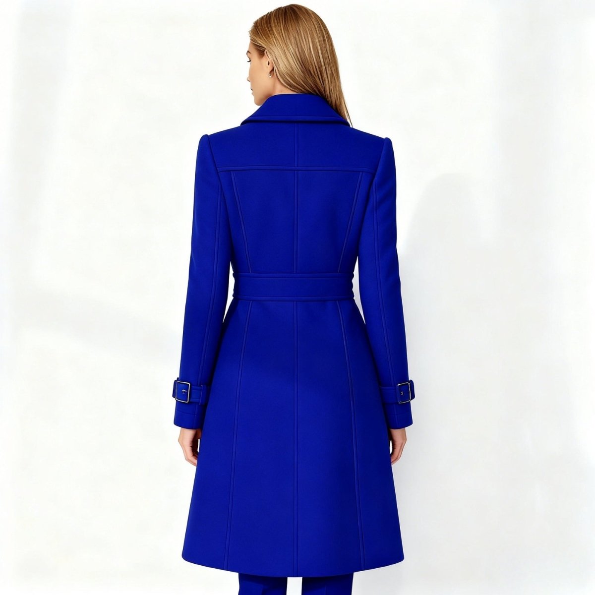 Woman wearing a tailored double-breasted wool coat with notched lapel
