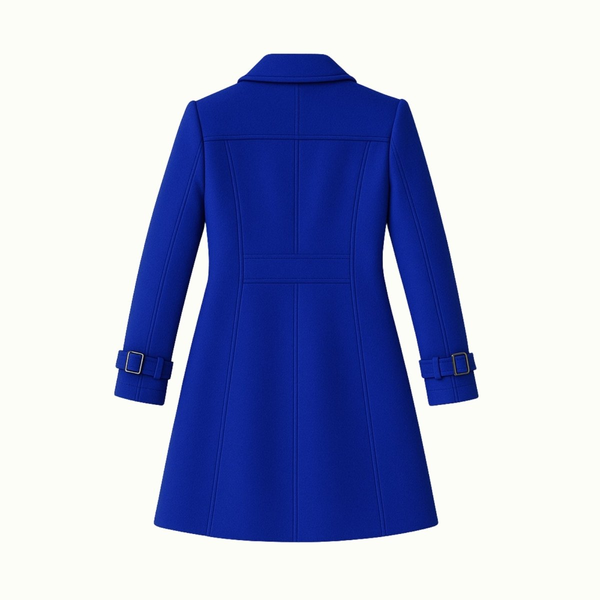Woman wearing a tailored double-breasted wool coat with notched lapel