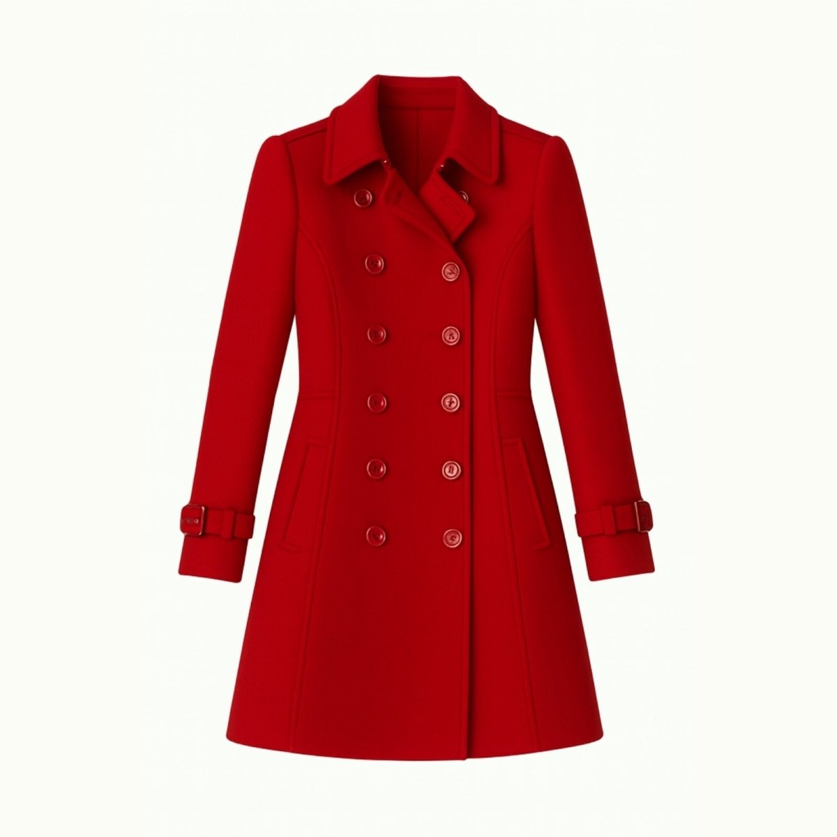 Woman wearing a tailored double-breasted wool coat with notched lapel