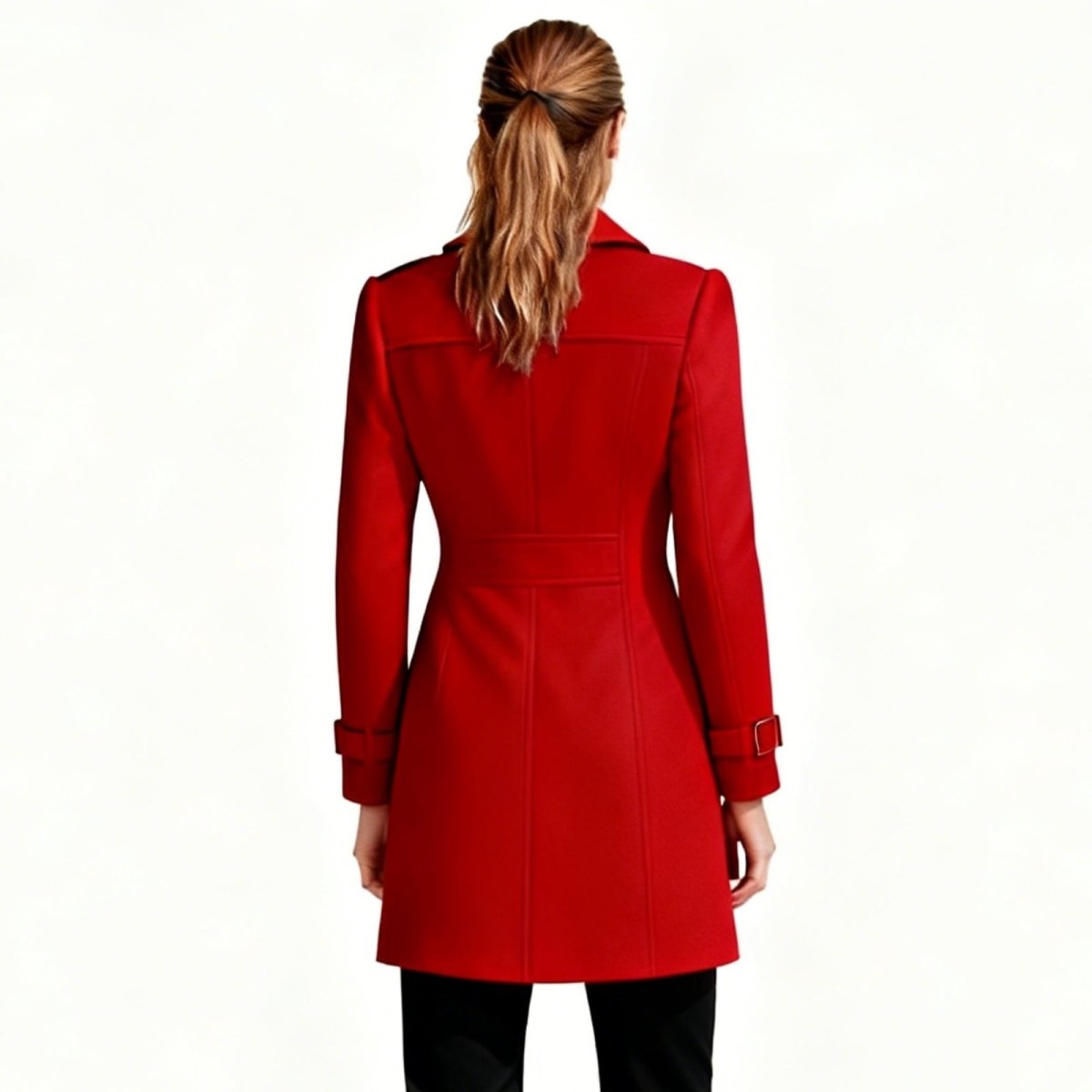 Woman wearing a tailored double-breasted wool coat with notched lapel