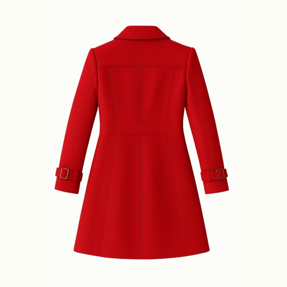 Woman wearing a tailored double-breasted wool coat with notched lapel