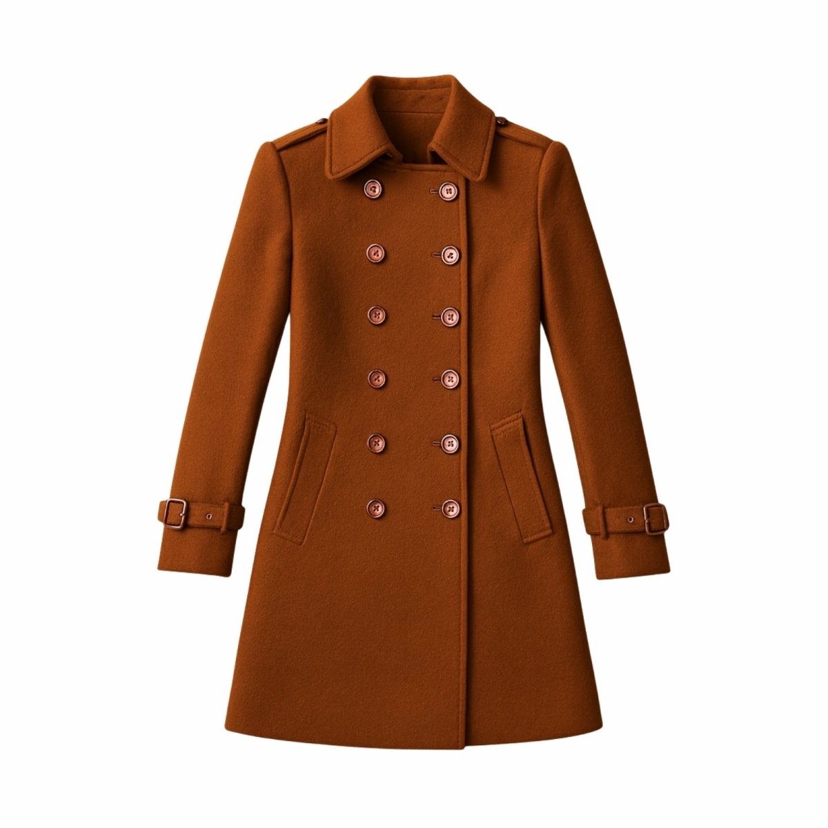 Woman wearing a tailored double-breasted wool coat with notched lapel