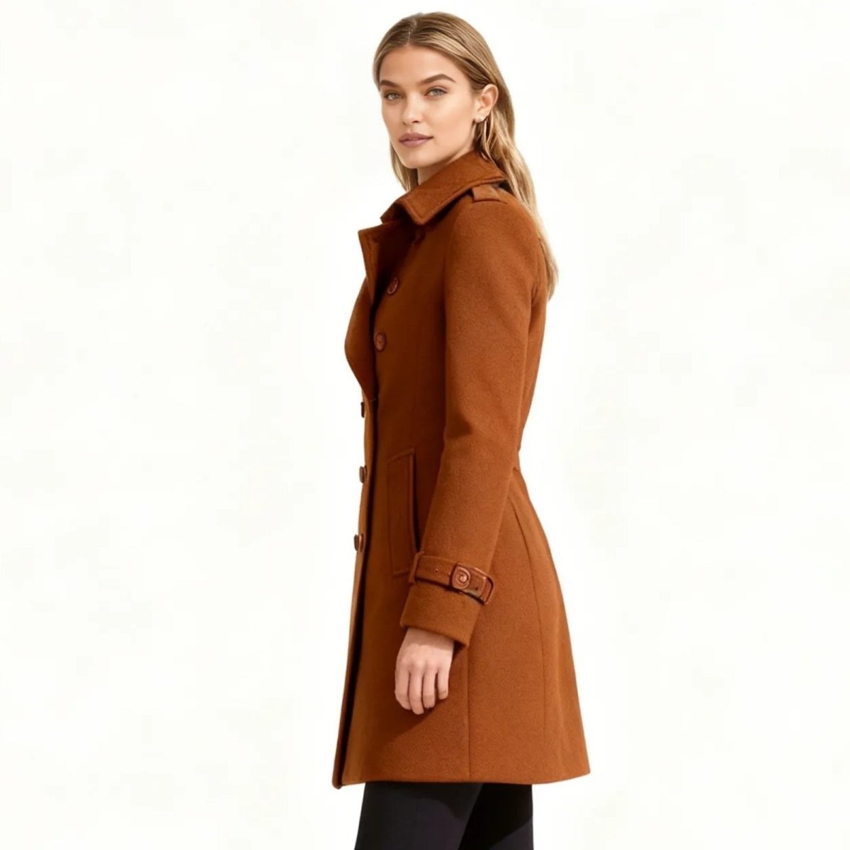 Woman wearing a tailored double-breasted wool coat with notched lapel