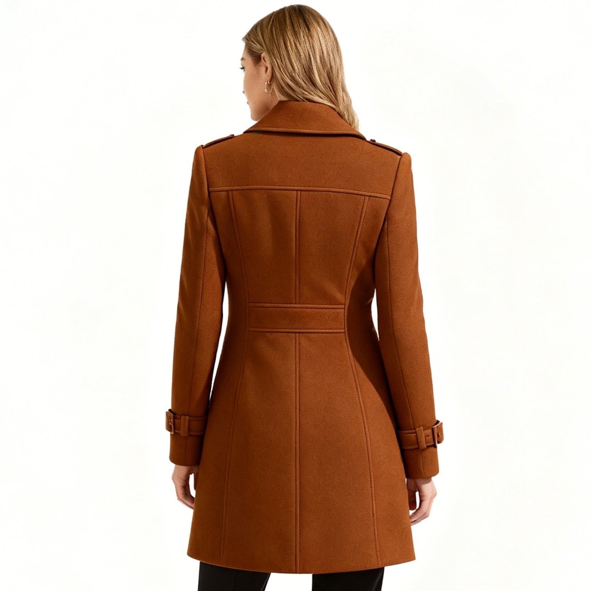 Woman wearing a tailored double-breasted wool coat with notched lapel