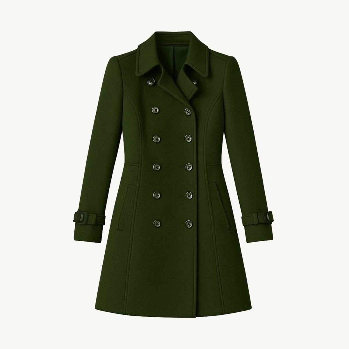 Woman wearing a tailored double-breasted wool coat with notched lapel