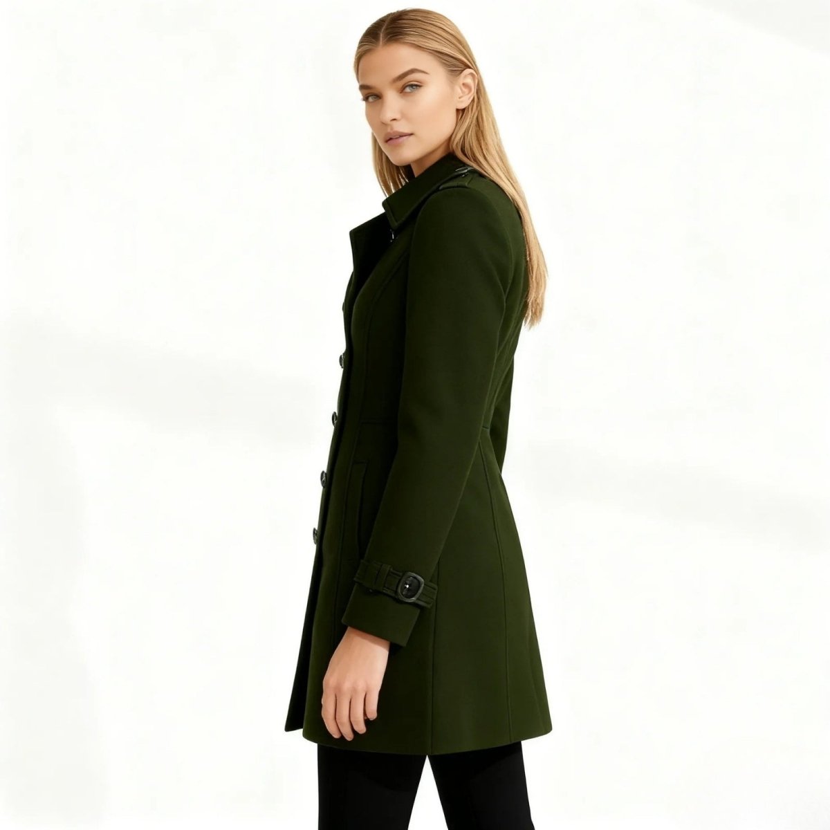 Woman wearing a tailored double-breasted wool coat with notched lapel