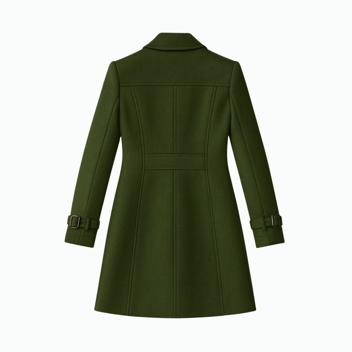 Woman wearing a tailored double-breasted wool coat with notched lapel