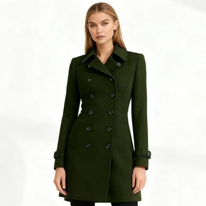 Woman wearing a tailored double-breasted wool coat with notched lapel