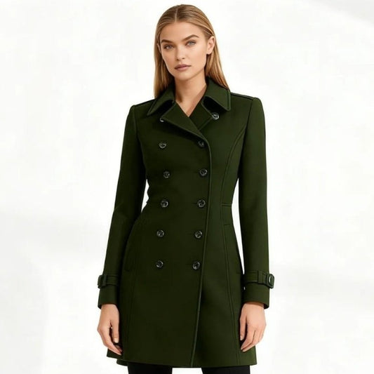 Woman wearing a tailored double-breasted wool coat with notched lapel