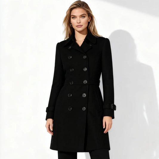 Woman wearing a tailored double-breasted wool coat with notched lapel