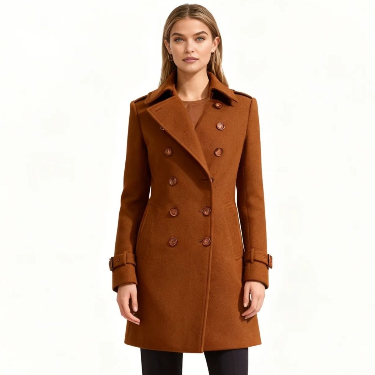 Woman wearing a tailored double-breasted wool coat with notched lapel