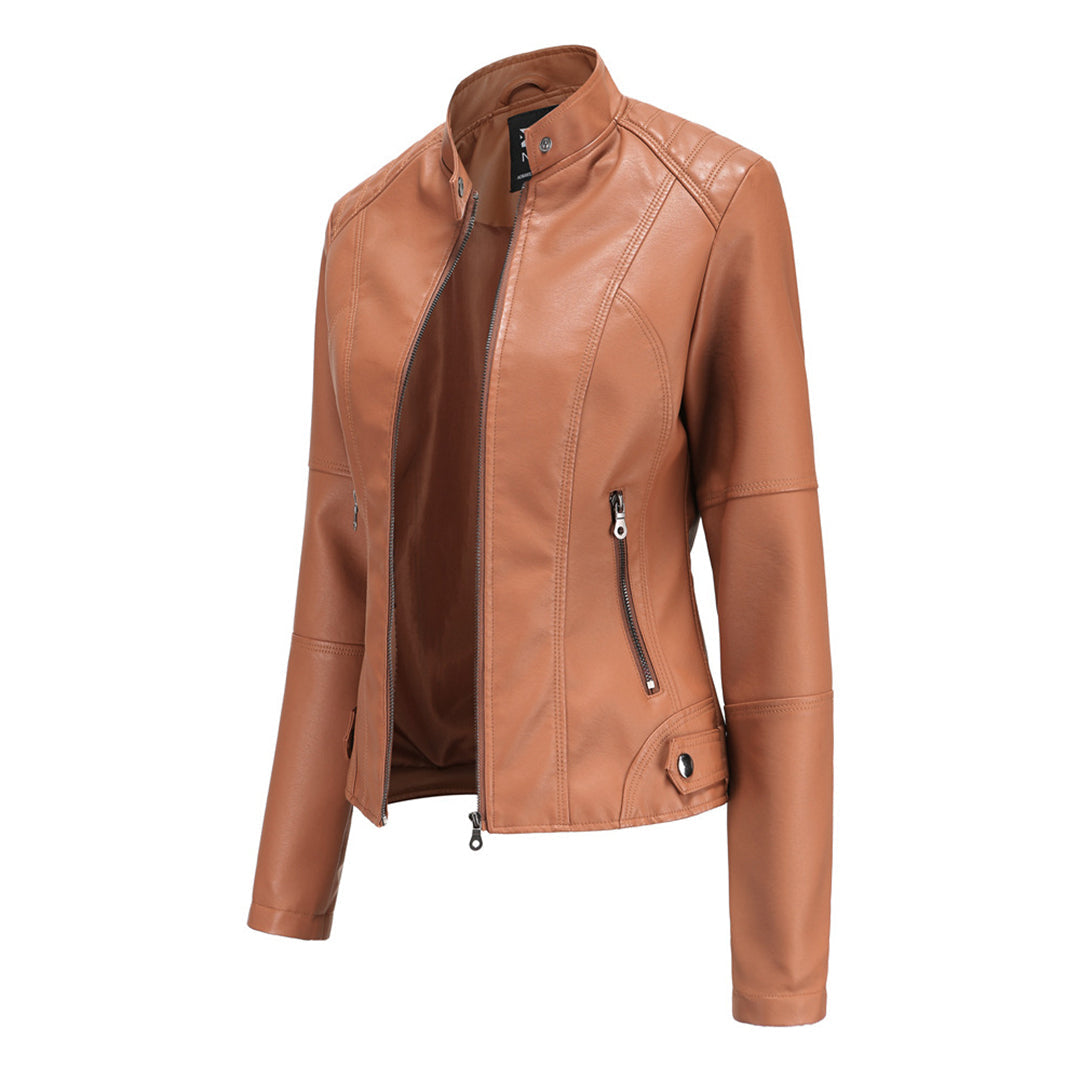 Woman wearing a vintage-style faux leather jacket