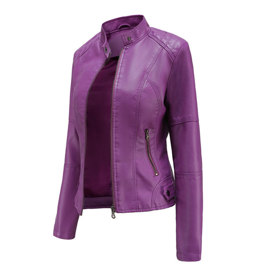 Woman wearing a vintage-style faux leather jacket